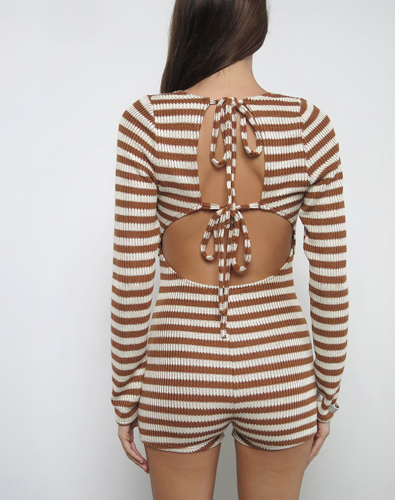 Imagen de Kaipo Tie Back Playsuit in Brown Ivory Stripe