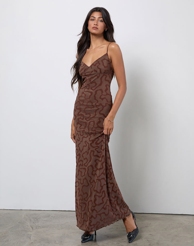 Maxi Vestido Kalana en Swirl Flock Marrón
