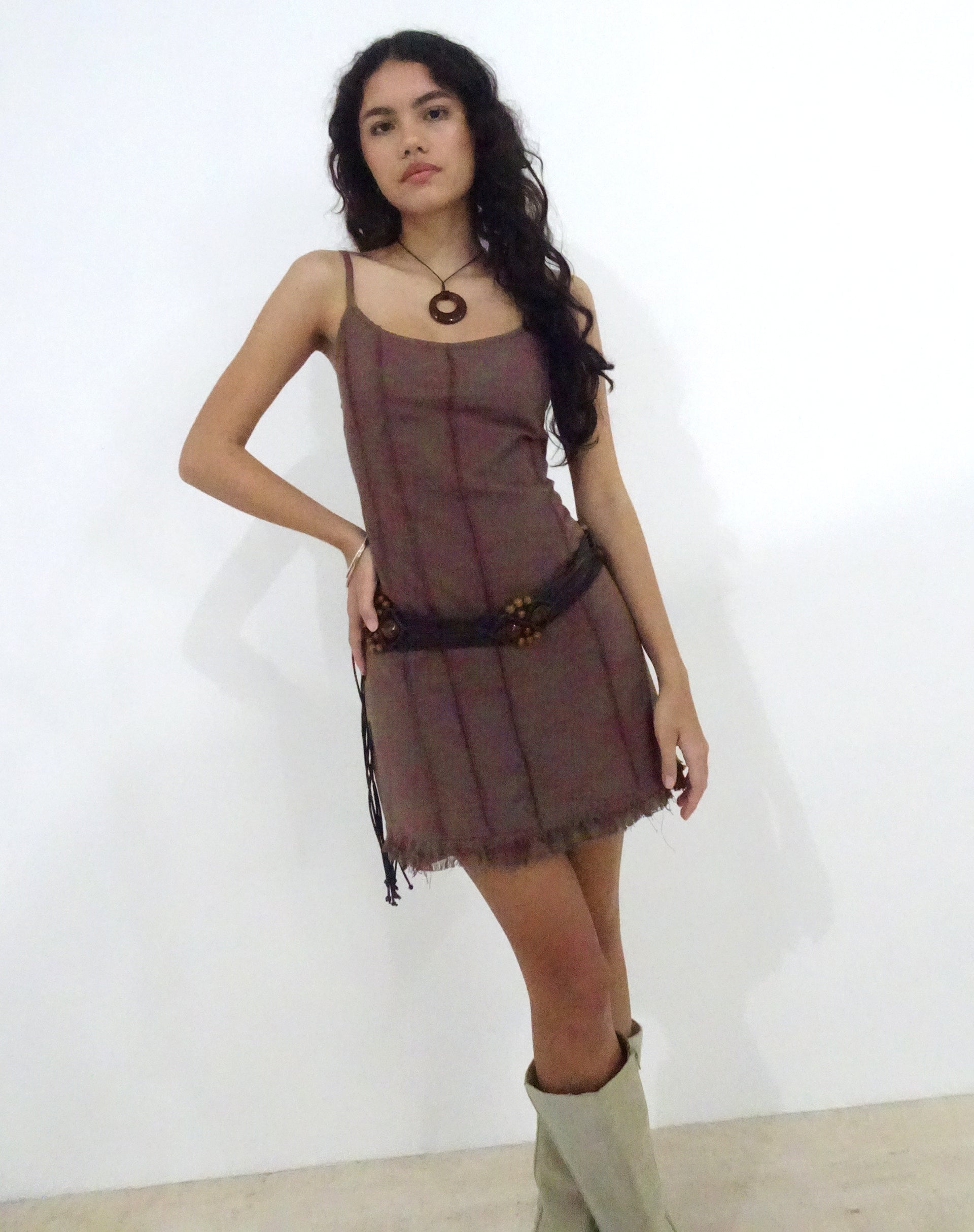 Imagen de Kaneisa Pintuck Mini Slip Dress in Deep Taupe