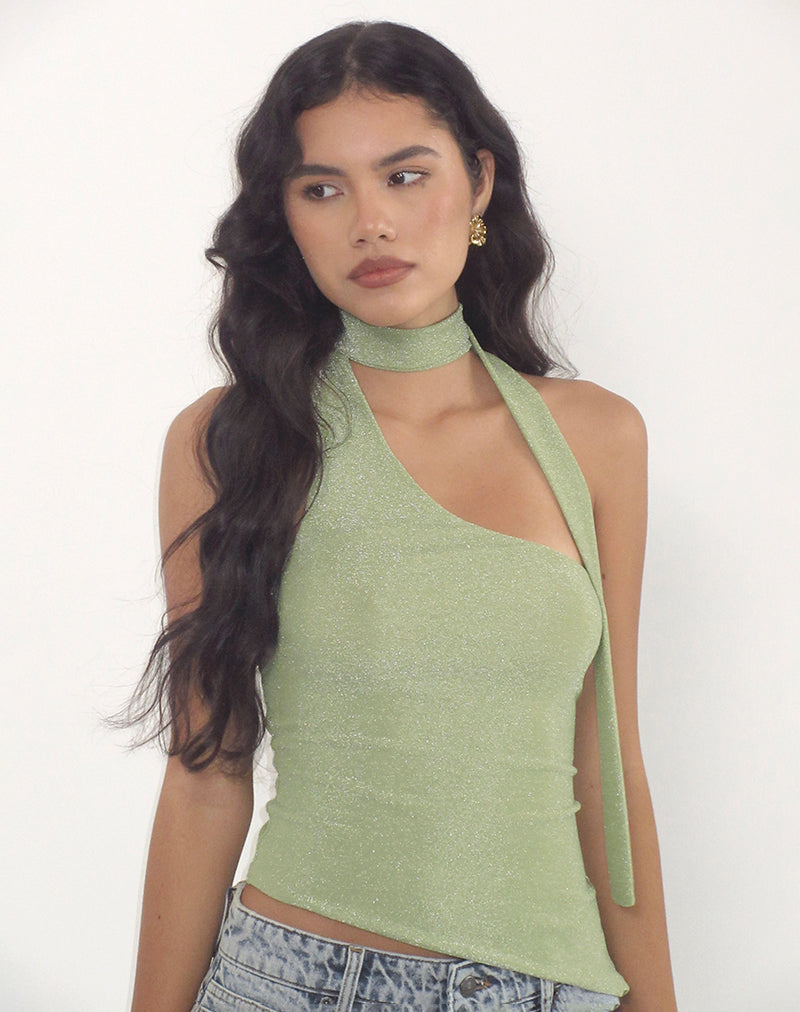 Imagen de Karasi Tie Neck Top in Shimmer Lurex Green