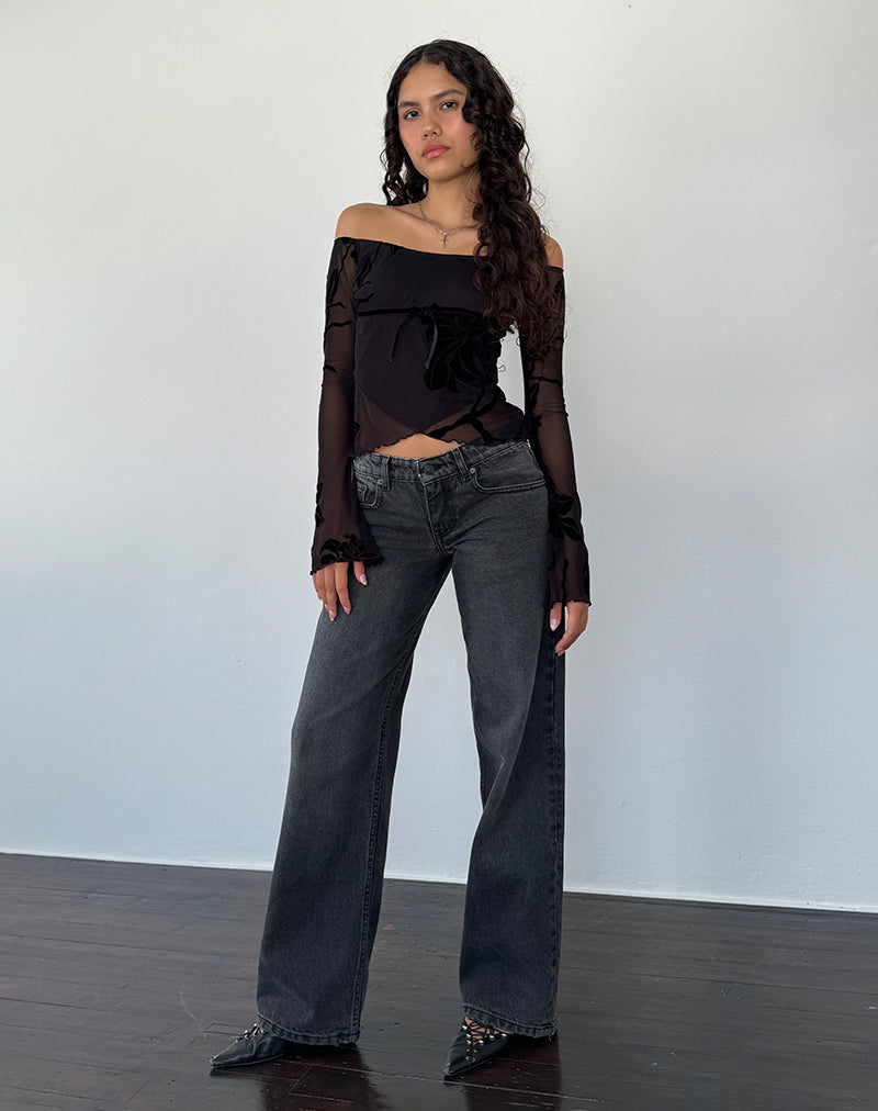 Imagen de Kareena Top Bardot de Manga Larga en Orchid Flock Negro