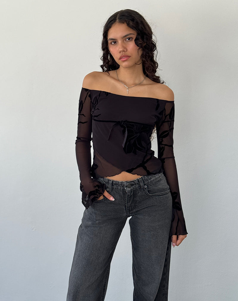 Top Bardot de Manga Larga Kareena en Orchid Flock Negro