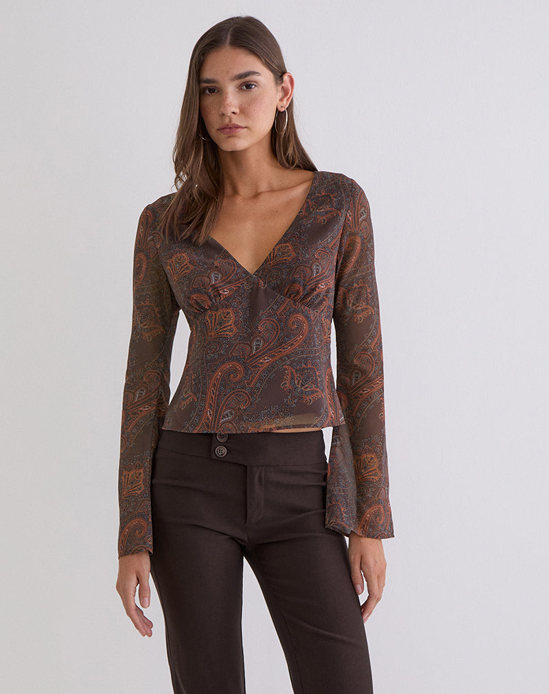 Top de manga larga Karilo en gasa Royal Paisley Burdeos