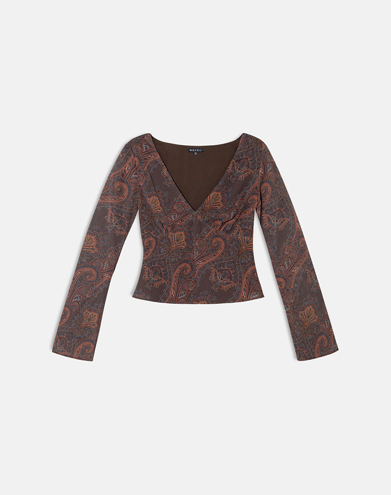 Imagen de la blusa de manga larga Karilo en gasa Royal Paisley Burgundy