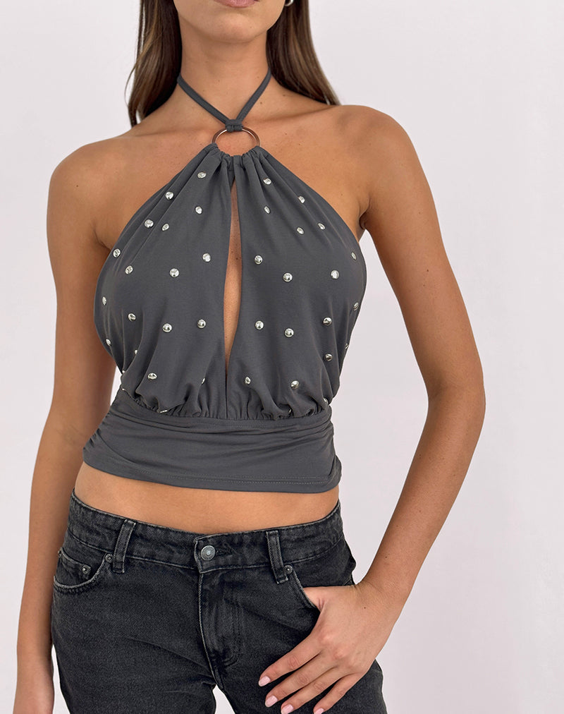 Image of Karise Plunge Top in Cupro Charcoal Grey