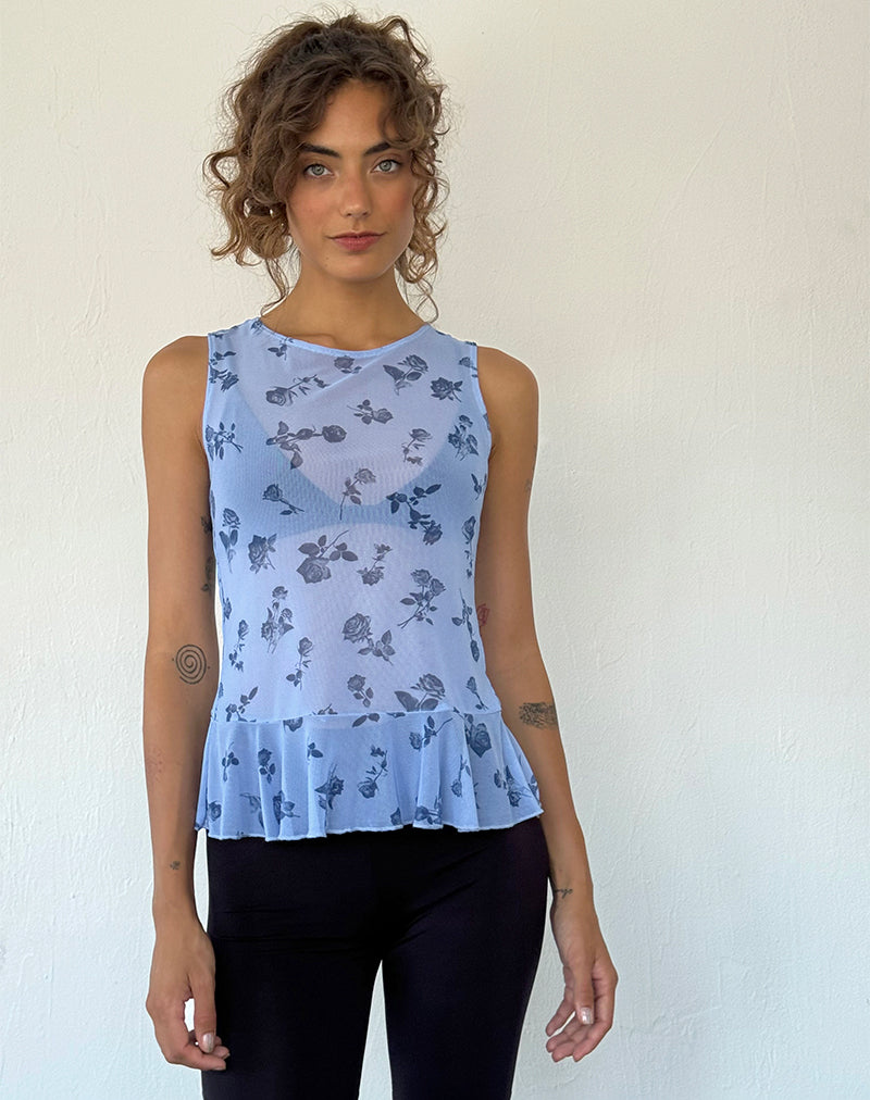 Top Katnis de malla floral azul tinta
