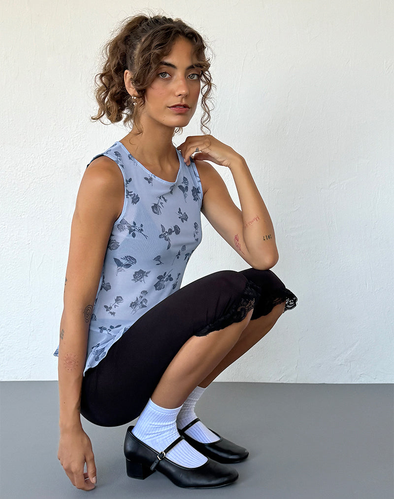 Top Katnis de malla floral azul tinta