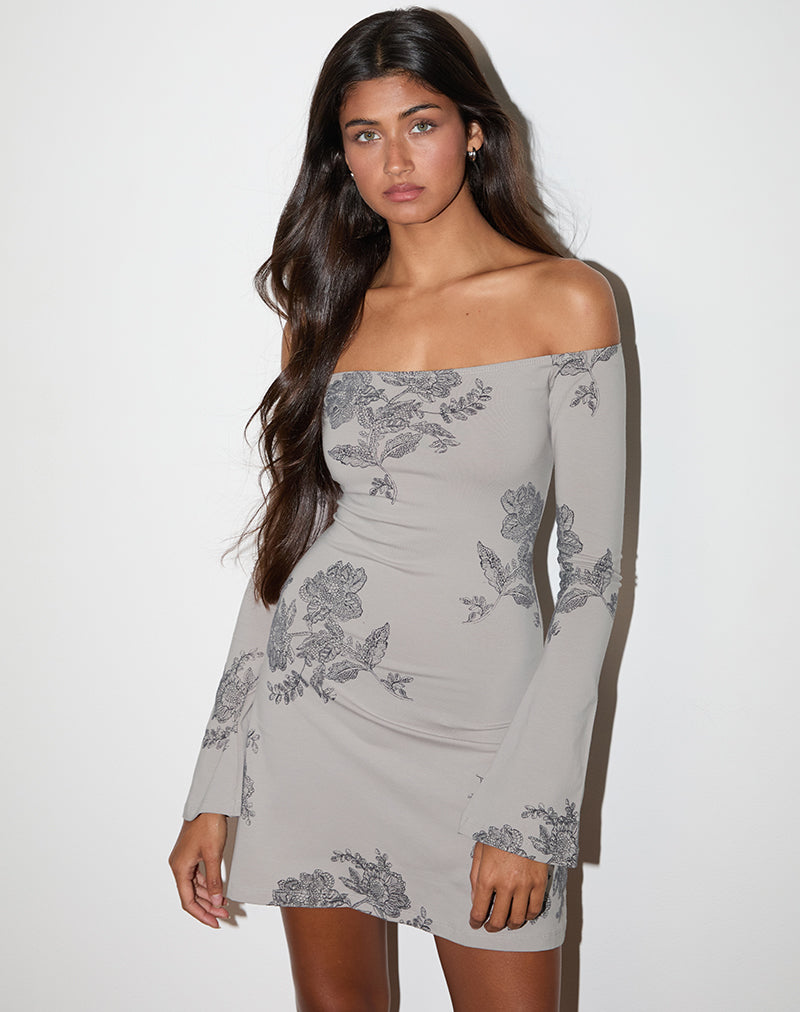 Kausar Off Shoulder Mini Vestido de Encaje Flor Gris