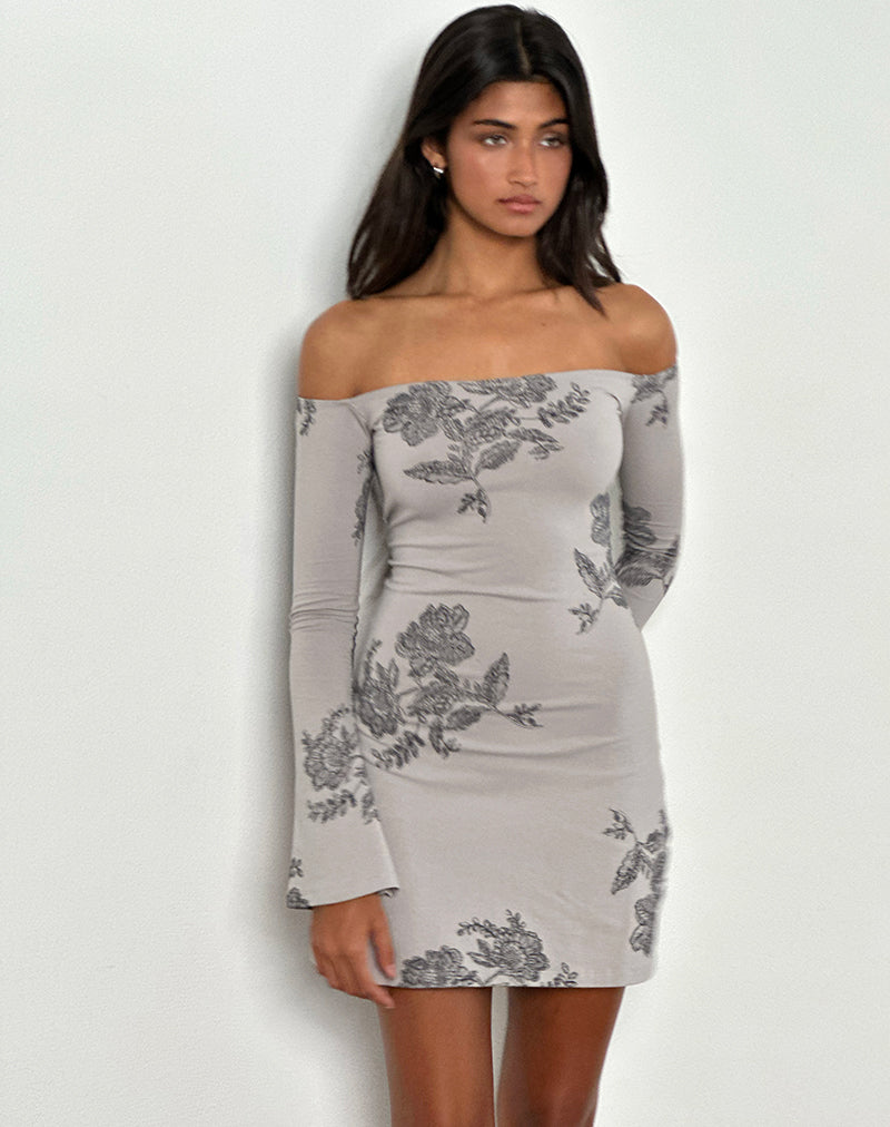 Imagen de Kausar Mini Vestido sin Hombros de Encaje Flor Gris