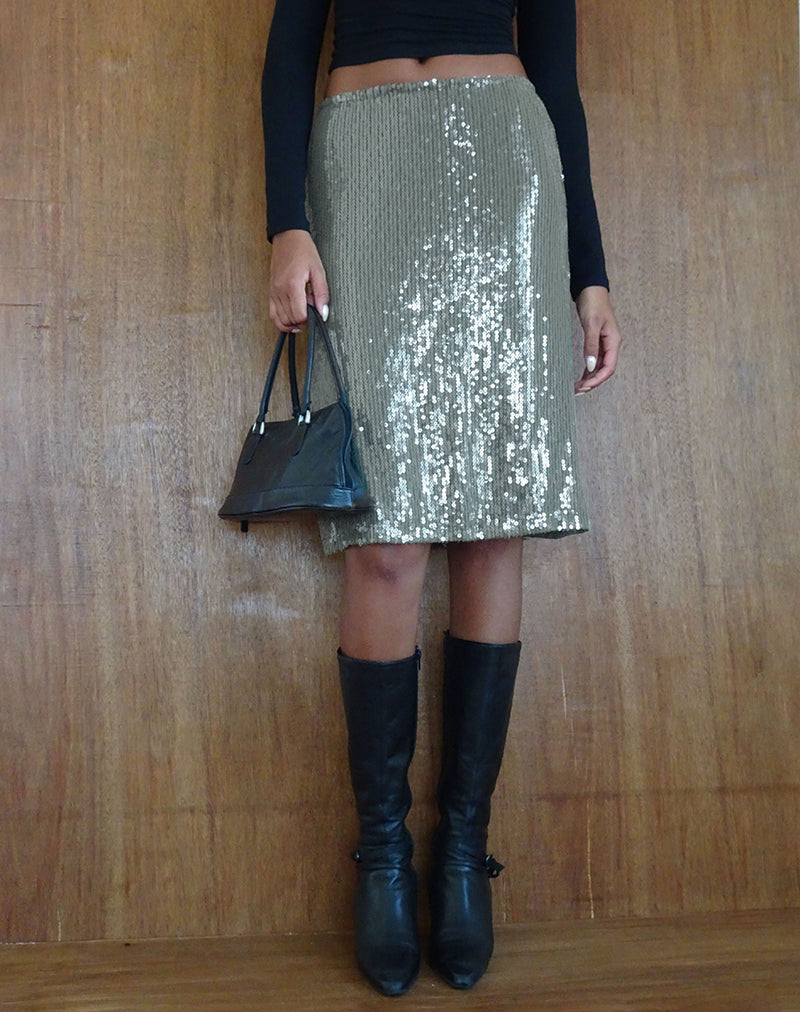 Imagen de Kavi Falda Midi en Verde Caqui Lentejuelas Transparentes