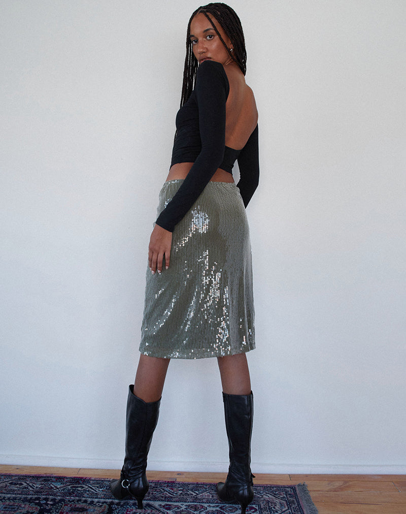 Imagen de Kavi Falda Midi en Verde Caqui Lentejuelas Transparentes