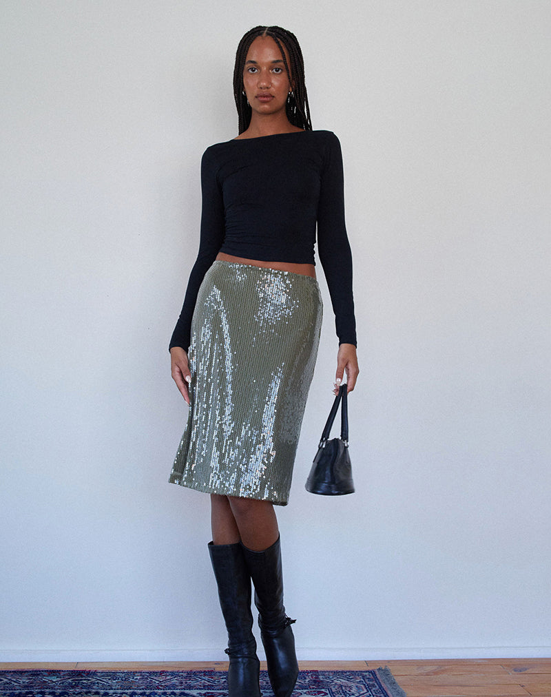 Imagen de Kavi Falda Midi en Verde Caqui Lentejuelas Transparentes