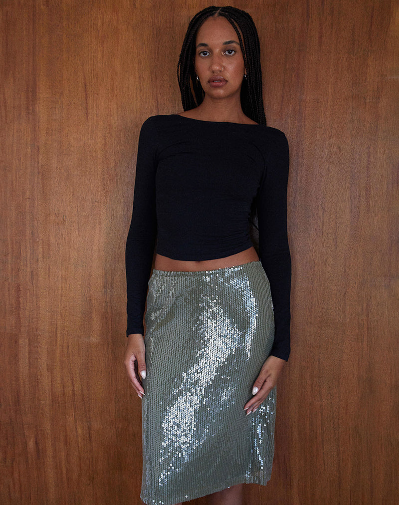 Imagen de Kavi Falda Midi en Verde Caqui Lentejuelas Transparentes