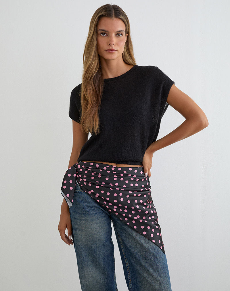 Bufanda Kavra en satén negro salpicado de lunares rosas