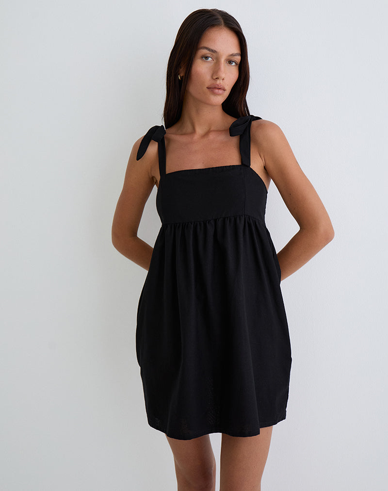 Imagen de Kayla Mini Vestido Cuello Cuadrado en Lino Negro