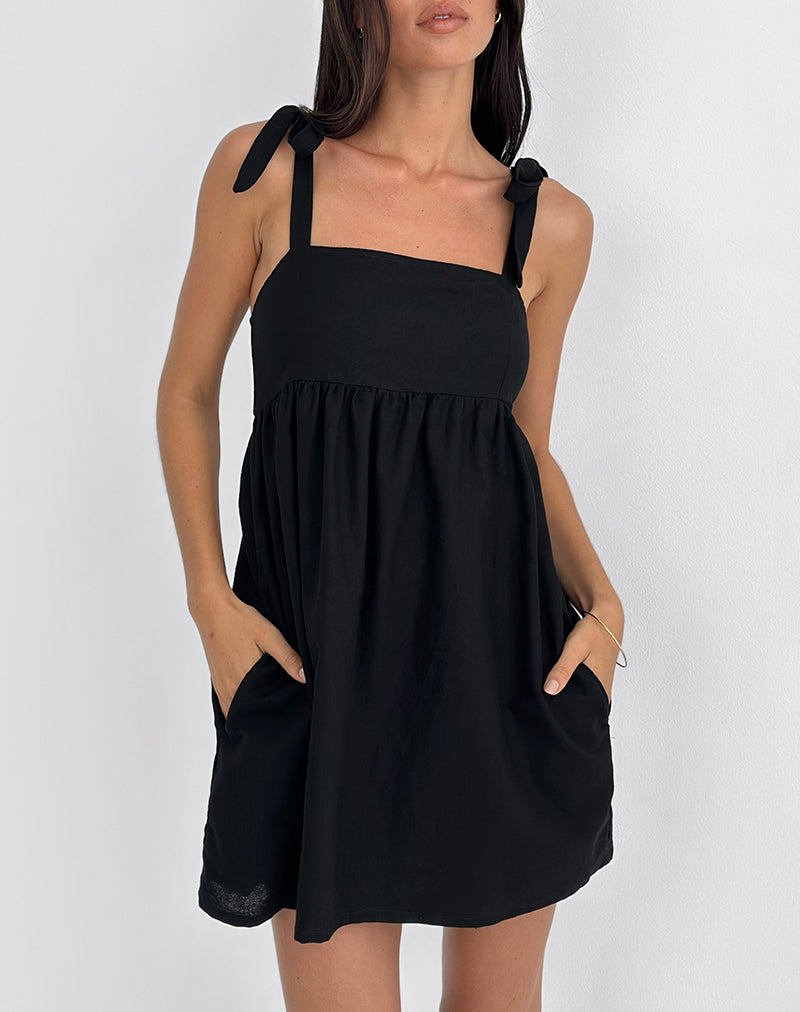 Mini Vestido Kayla Cuello Cuadrado en Lino Negro