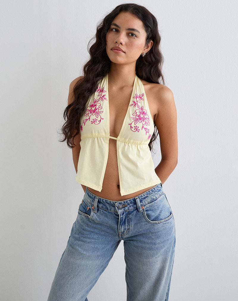 Kayria Tie Top Limón con Bordado Floral Rosa