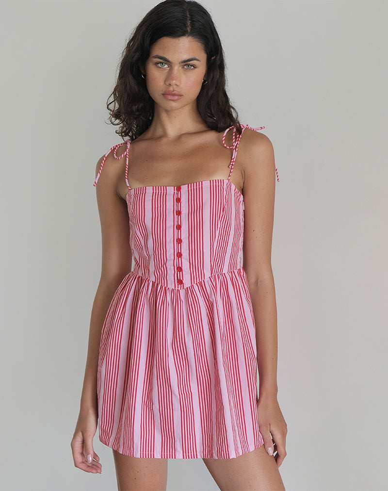 Imagen del minivestido Kesyani de rayas verticales rosas