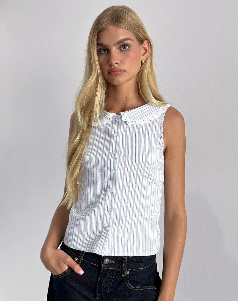 Camisa Kitami de Lino Blanco Rayas Azules