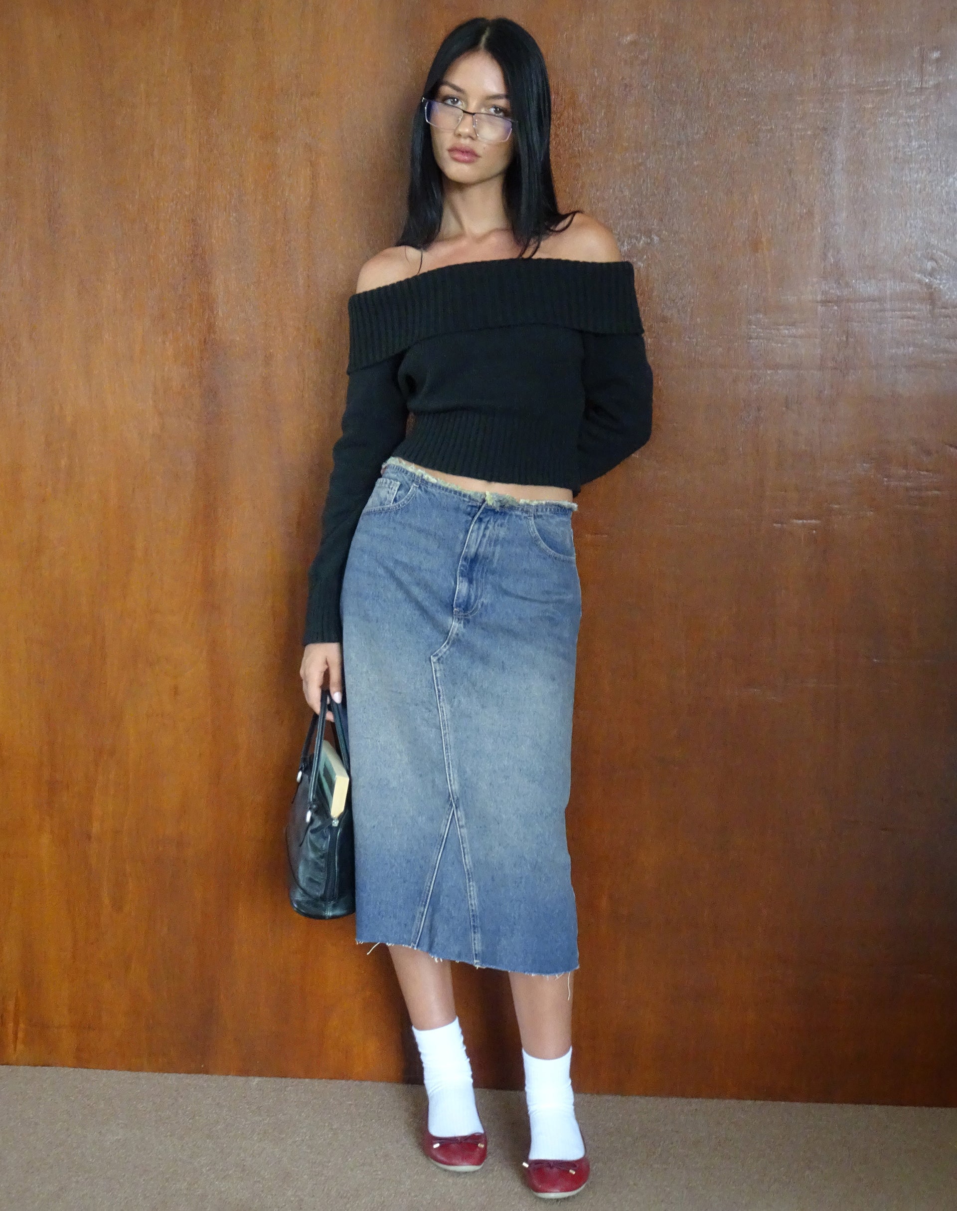 Imagen de Falda midi vaquera de tiro bajo en azul vintage verde