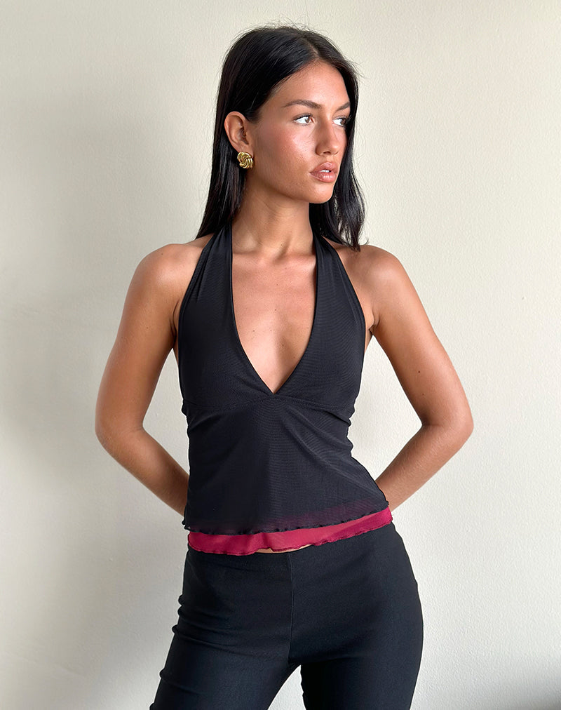Top Kubra de cuello redondo en malla negro y rojo