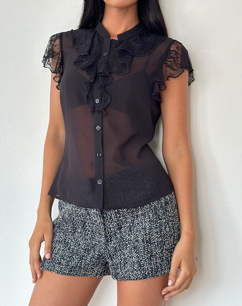 Blusa Lada de gasa negra con ribete de encaje