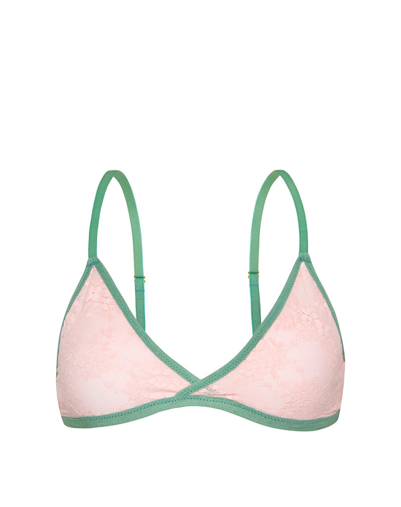 Imagen del sujetador Lakara de malla rosa con ribetes en contraste verde