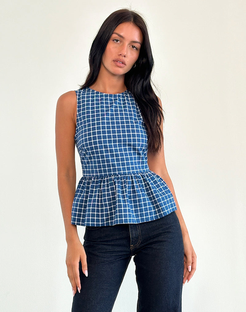 Lanzo Tie Back Top en Popelín Azul Marino Tartán
