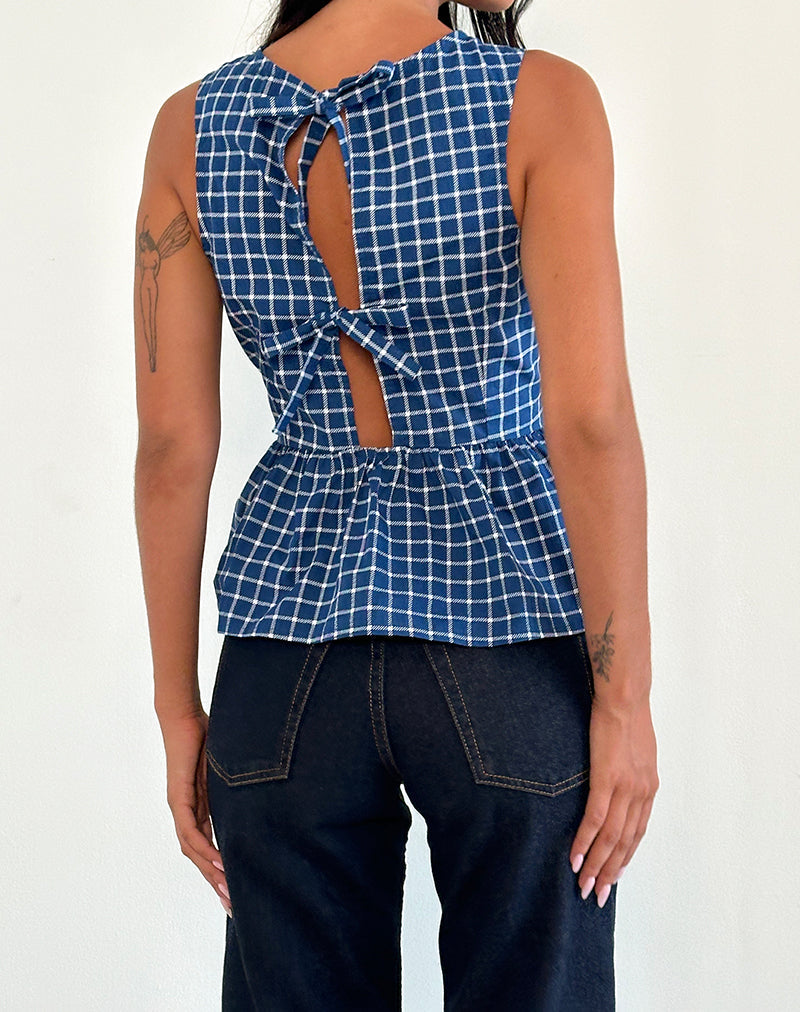 Lanzo Tie Back Top en Popelín Azul Marino Tartán