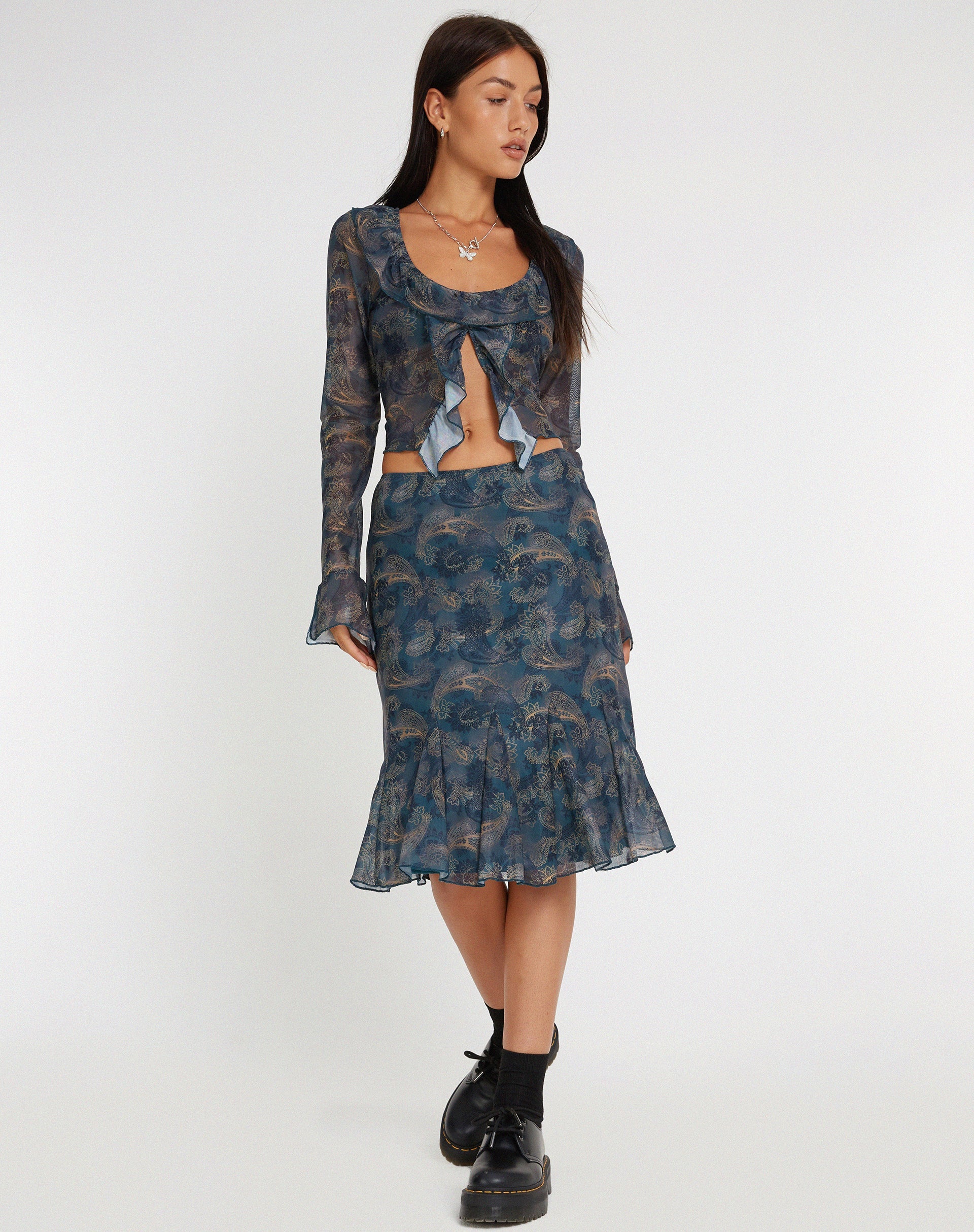 imagen de Latrix Mesh Midi Skirt in Tonal Blue Paisley