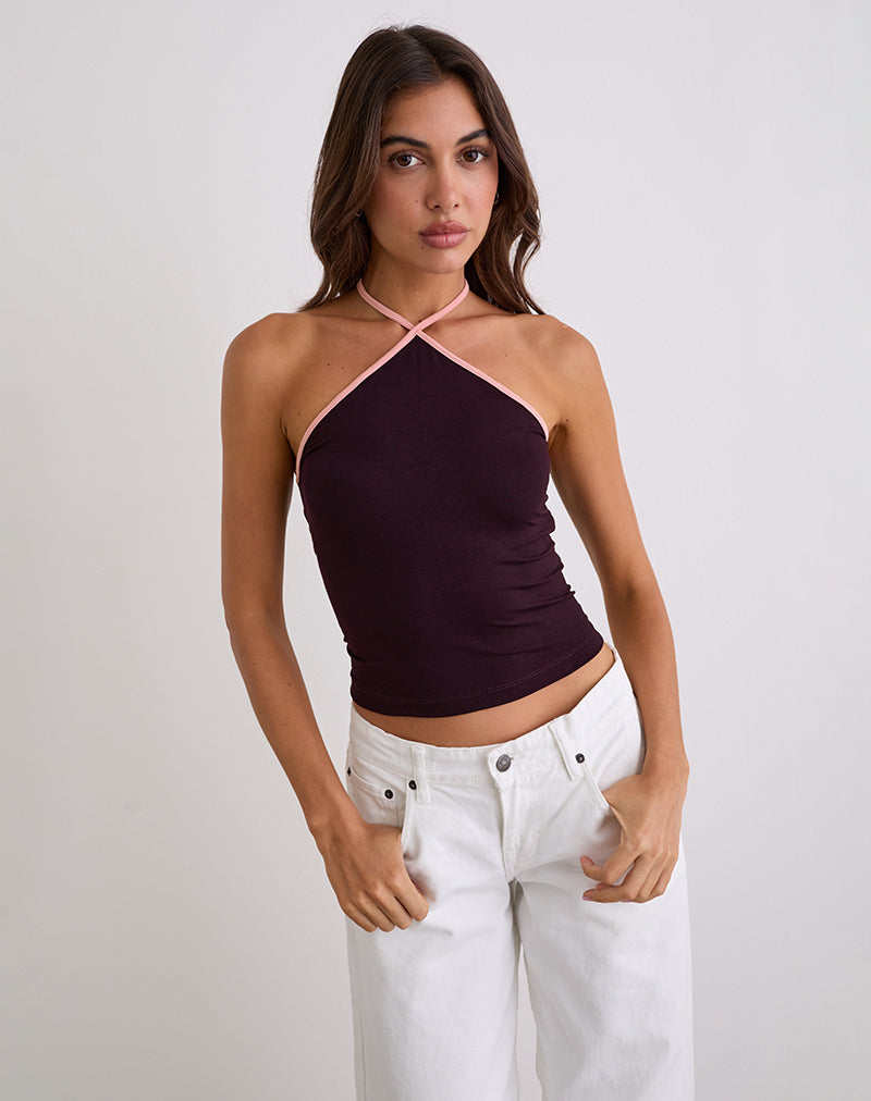 Imagen de Lay Top de cuello redondo en secuoya con ribetes rosa lady