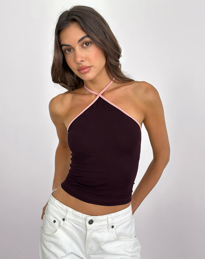 Top Lay de cuello redondo en secuoya con ribete rosa lady