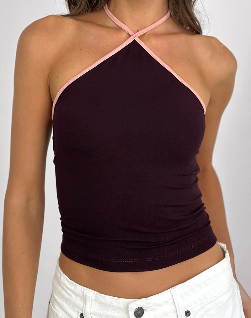 Top Lay de cuello redondo en secuoya con ribete rosa lady