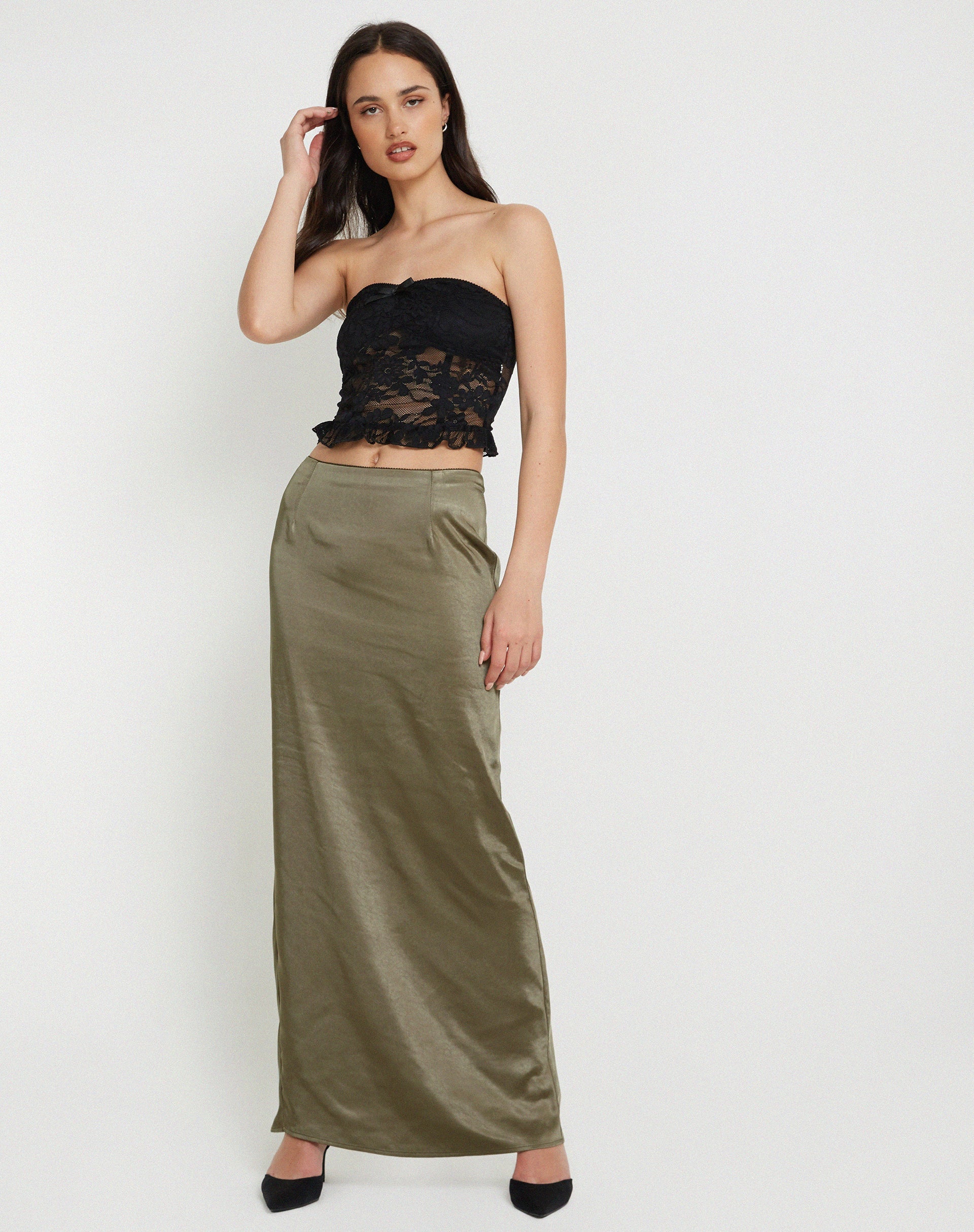 imagen de Layla Maxi Skirt in Satin Dark Olive