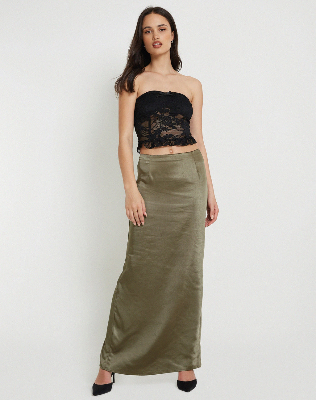Layla Maxi Falda de Satén Oliva Oscuro