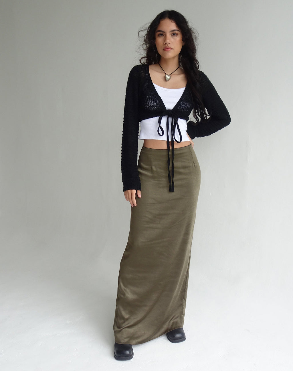 Layla Maxi Falda de Satén Oliva Oscuro