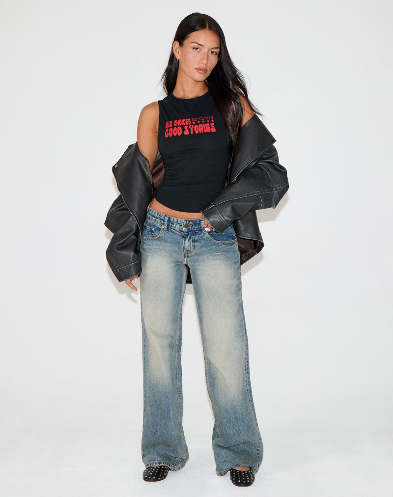 Image of Camiseta de tirantes Leen en negro con Bad Choices, Good Stories Graphic