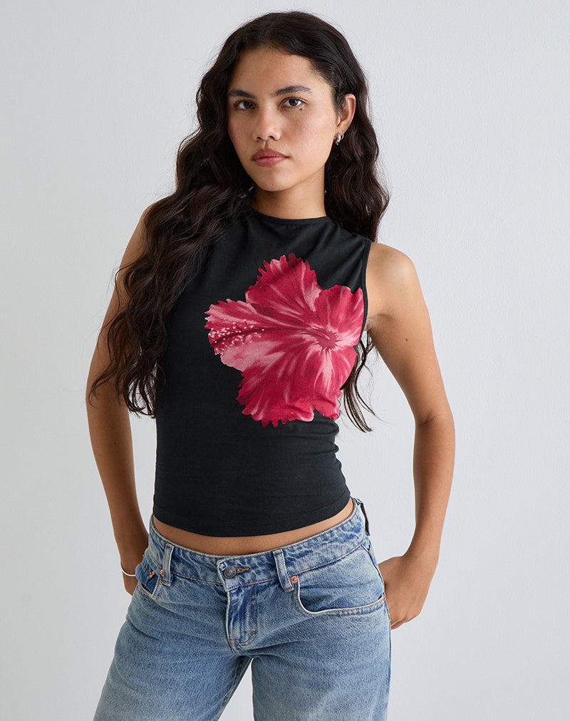 Imagen de Leen Top en negro Flor de hibisco Rosa