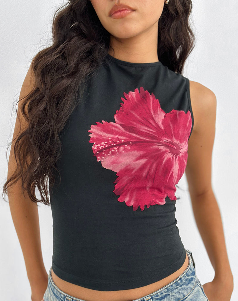 Imagen de Leen Top en negro Flor de hibisco Rosa