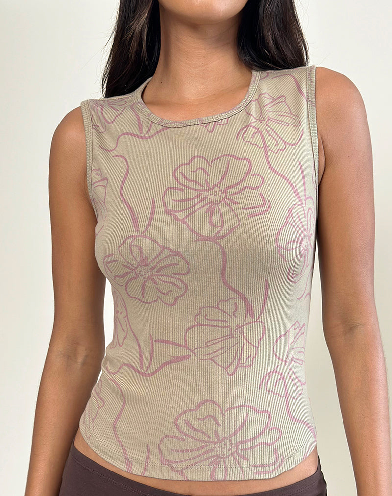 Camiseta de tirantes Leen en caqui Hibiscus Doodle rosa