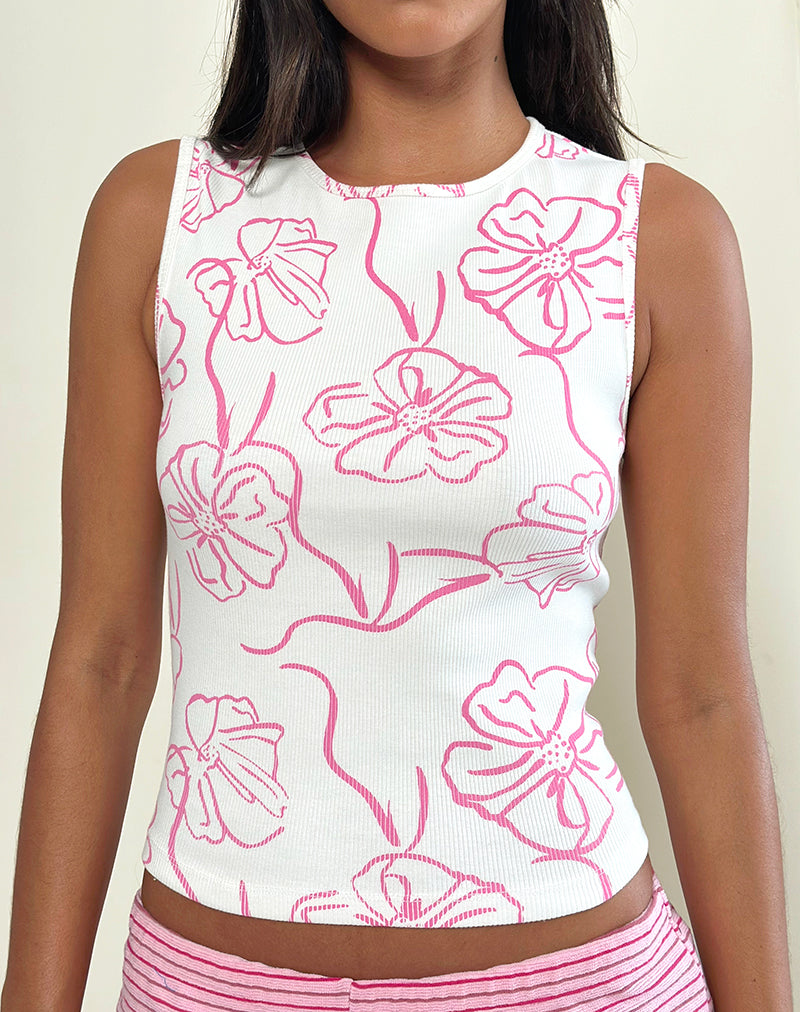 Image of Leen Camiseta de tirantes en blanco con estampado de garabatos hibisco rosa