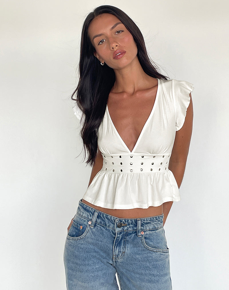 Top Leisma Frill en Jersey Blanco con Tachuelas