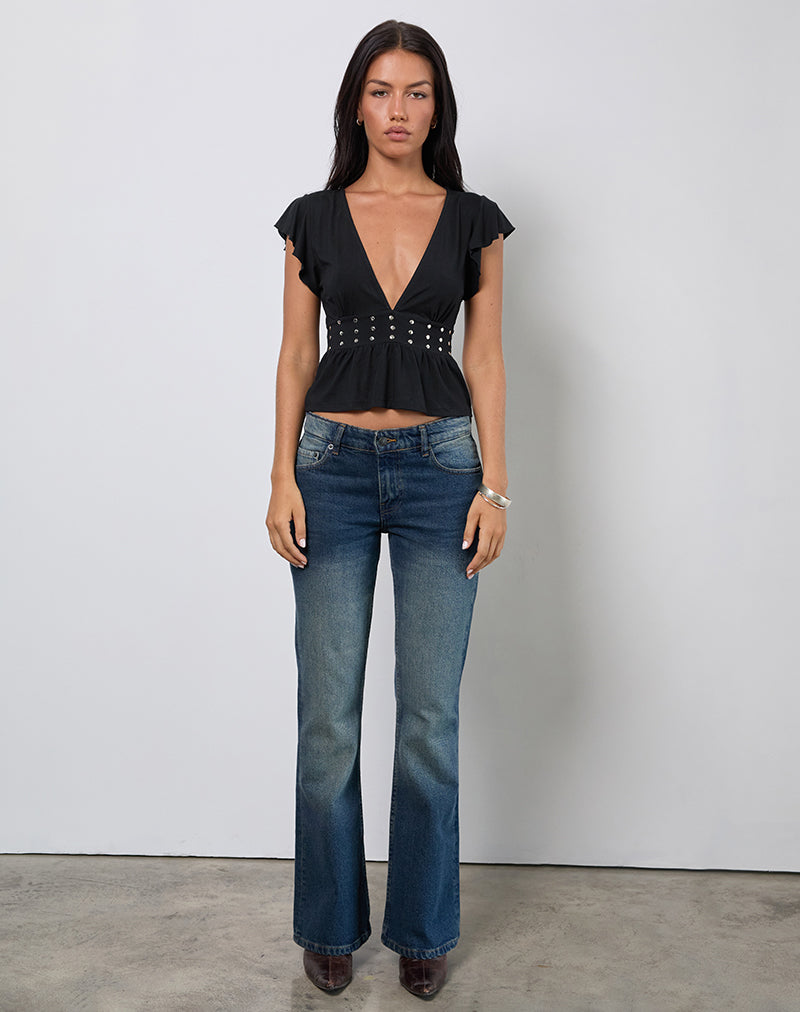 Top Leisma Frill en Jersey Negro con Tachuelas