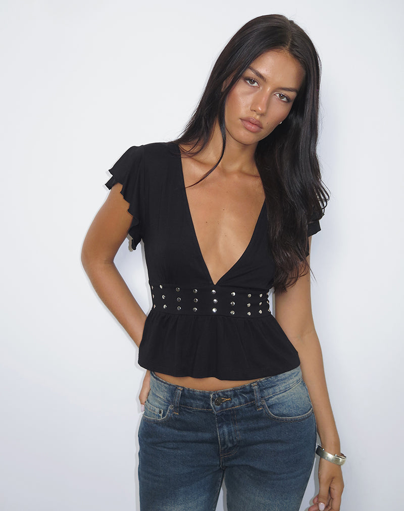 Imagen de Leisma Frill Top en Jersey Negro con Tachuelas