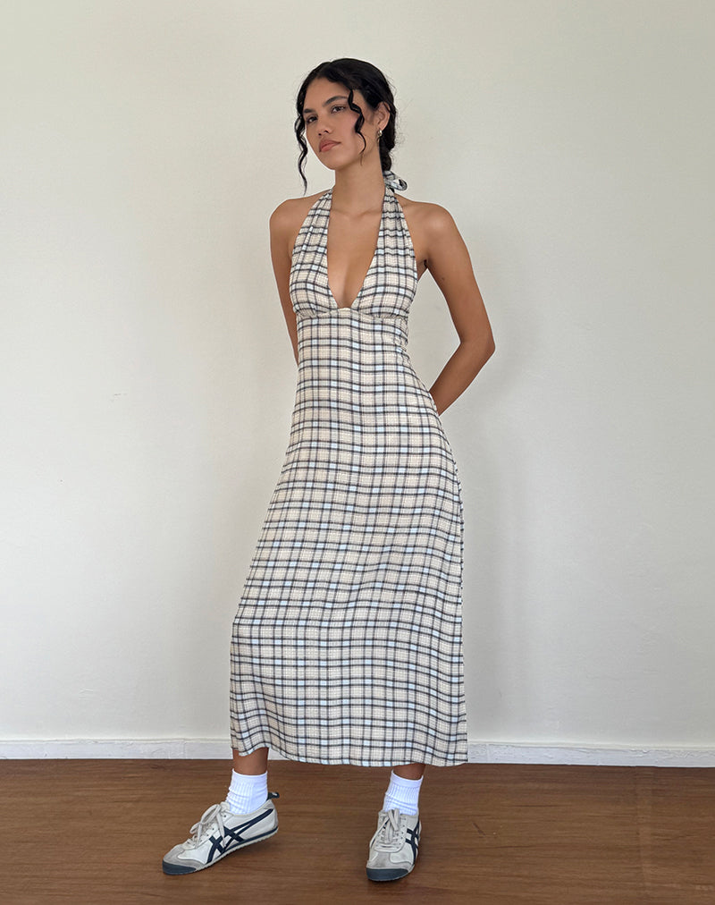 Vestido Lenata de cuello redondo en tartán azul pastel
