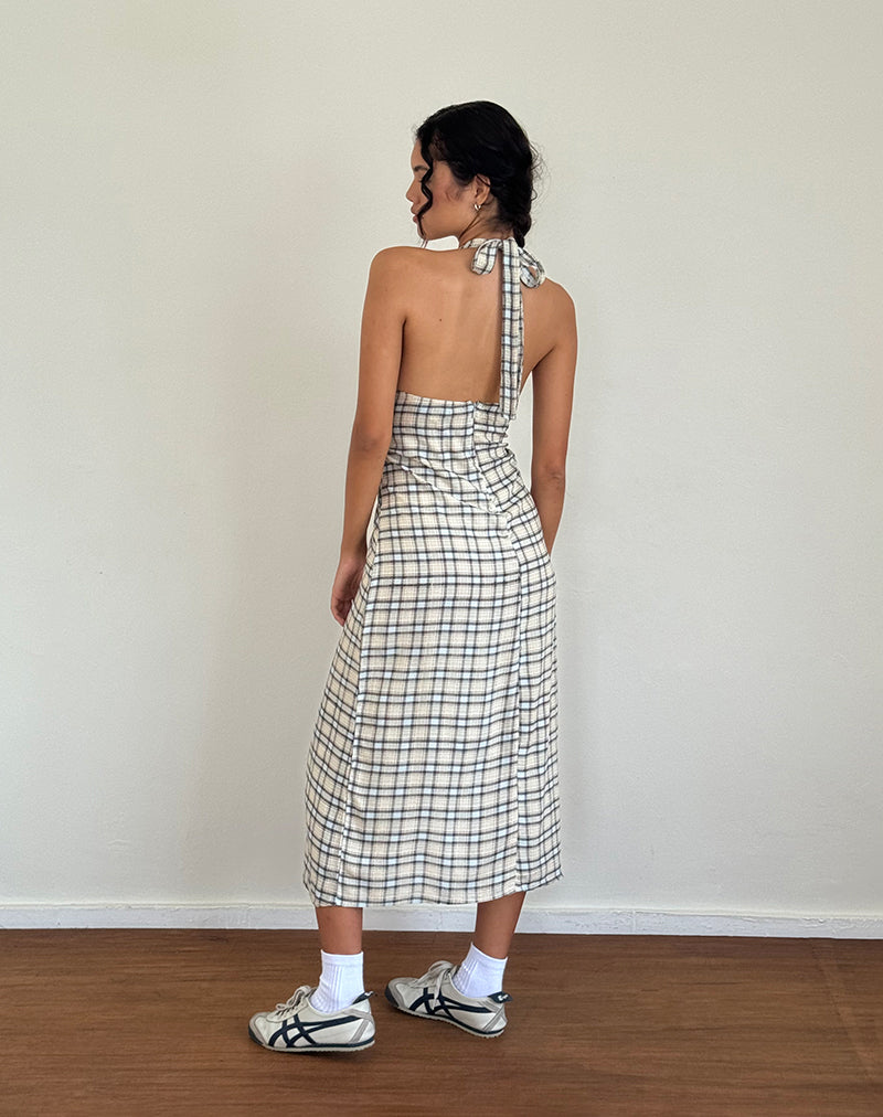 Vestido Lenata de cuello redondo en tartán azul pastel