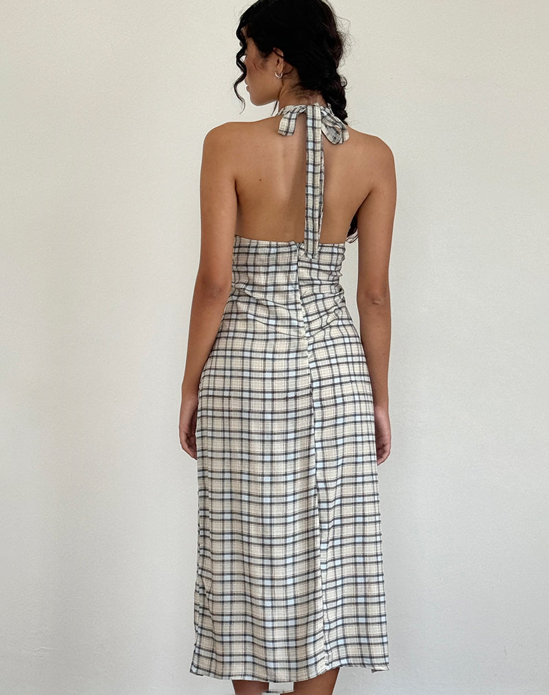 Imagen de Lenata Vestido Midi Cuello Haltern en Azul Pastel Tartán