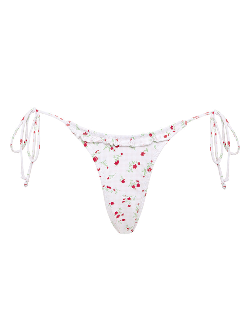 Imagen de la braguita de bikini Lentra de tela de cuadros rojos florales beige con volante