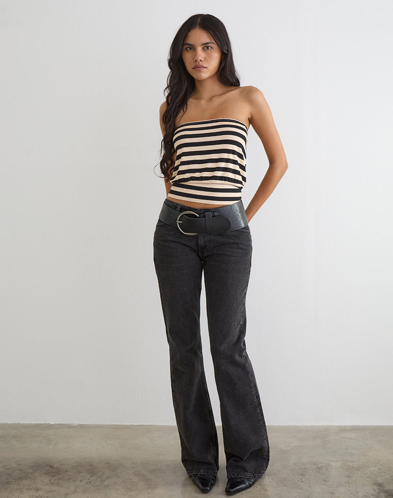 Imagen del top bandeau Leocadia en cupro a rayas negro y marfil.