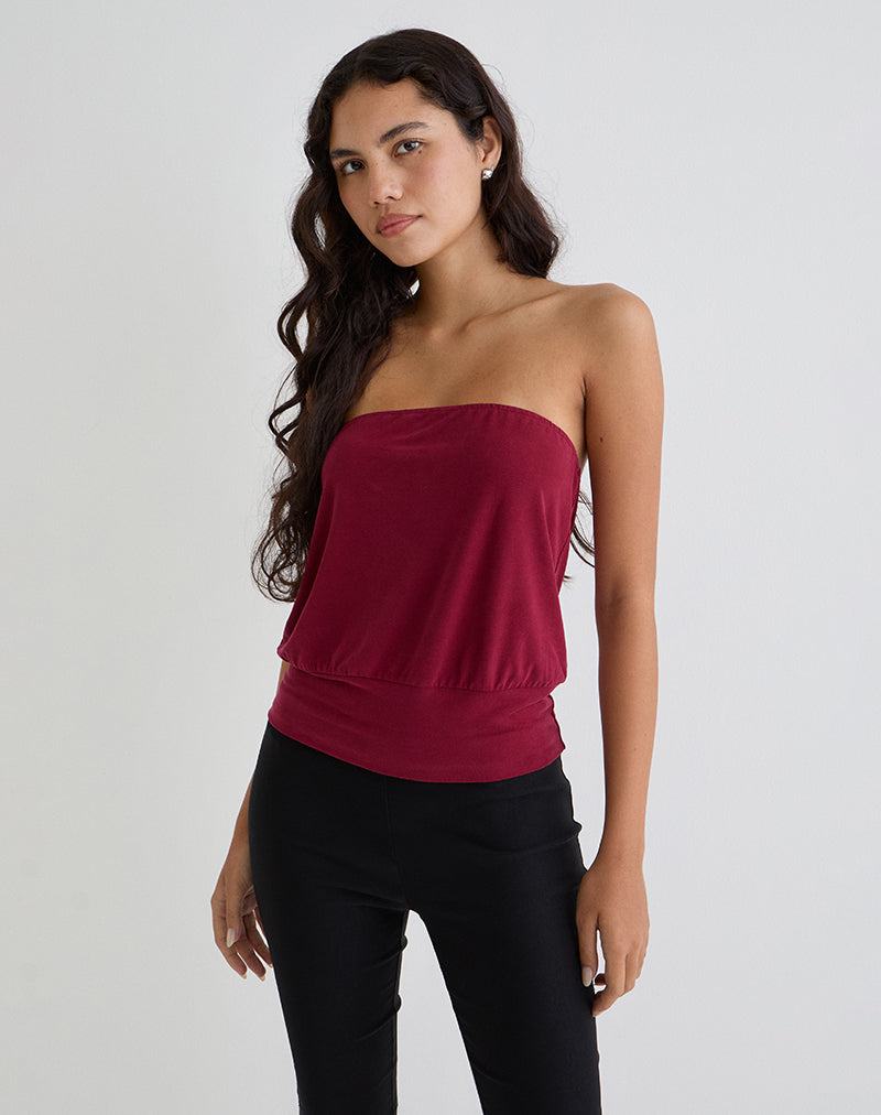Leocadia Bandeau Top en Cupro Rojo Oscuro